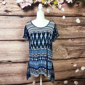 Fylo London Women’s Viscose Blue Abstract Geo Print Asymmetrical Lace Tunic